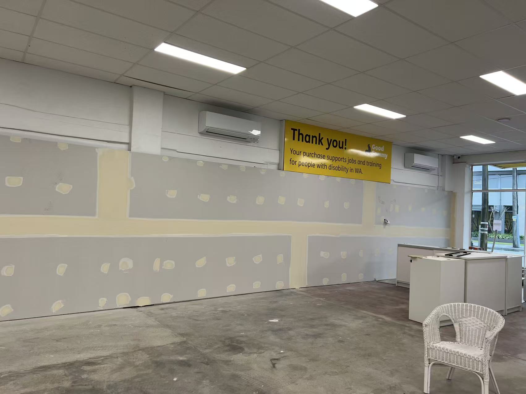 Detail view of plasterboard bulkhead transition